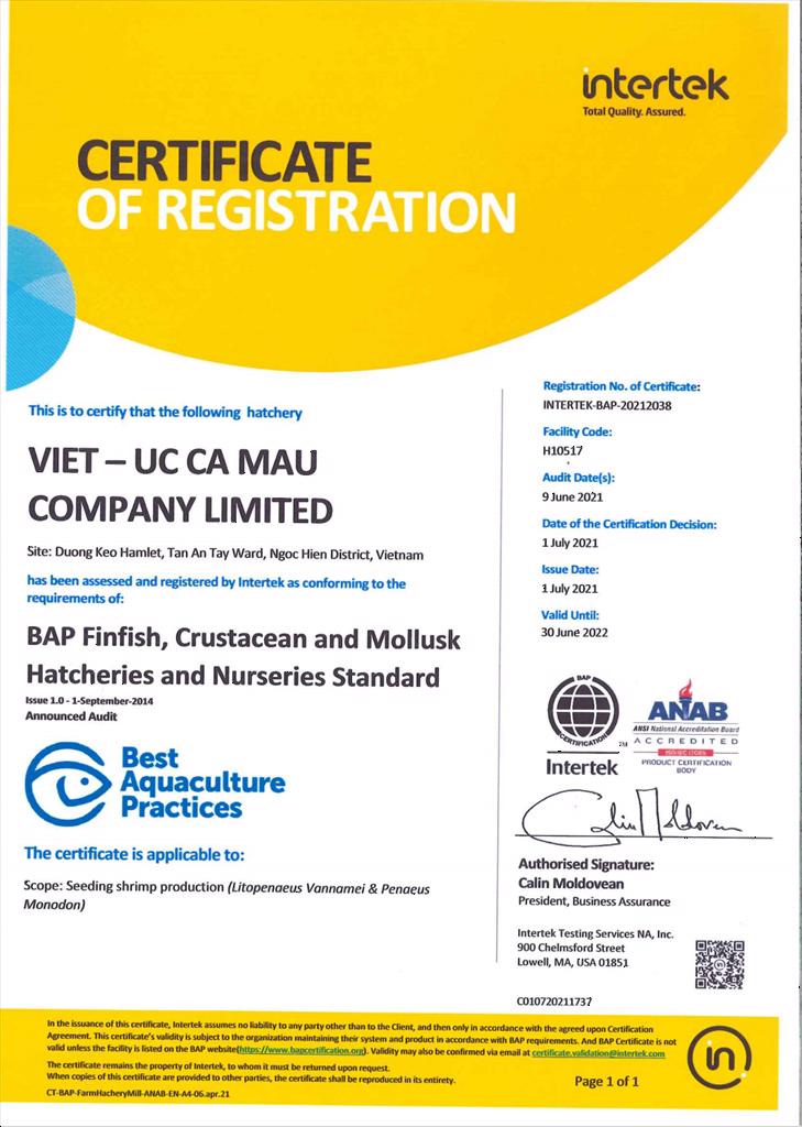 Viet Uc - Ca Mau company received international  certification of BAP
